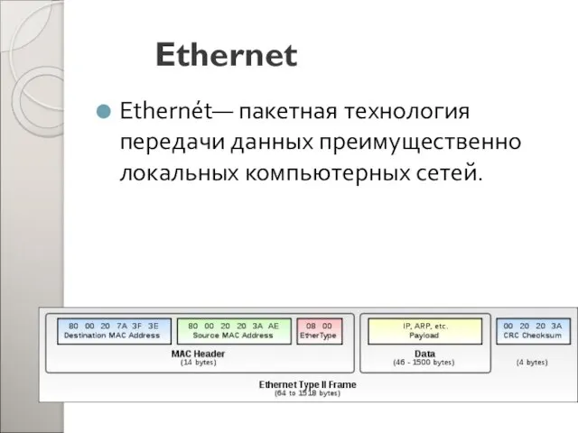 Ethernet Ethernét— пакетная технология передачи данных преимущественно локальных компьютерных сетей.