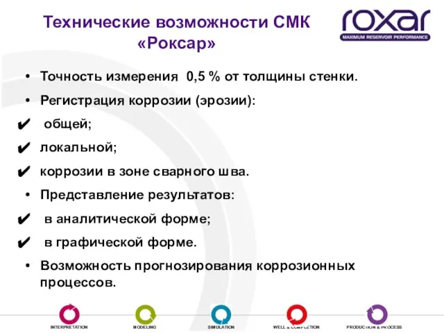 Технические возможности СМК «Роксар» Точность измерения 0,5 % от толщины стенки. Регистрация