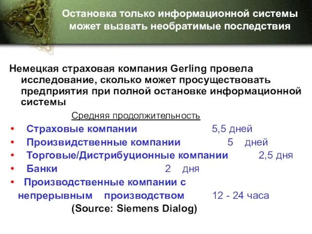 Немецкая страховая компания Gerling провела исследование, сколько может просуществовать предприятия при полной