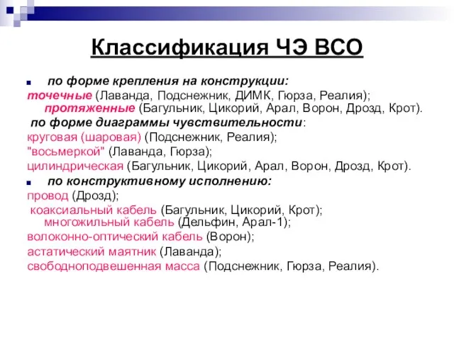 Классификация ЧЭ ВСО по форме крепления на конструкции: точечные (Лаванда, Подснежник, ДИМК,