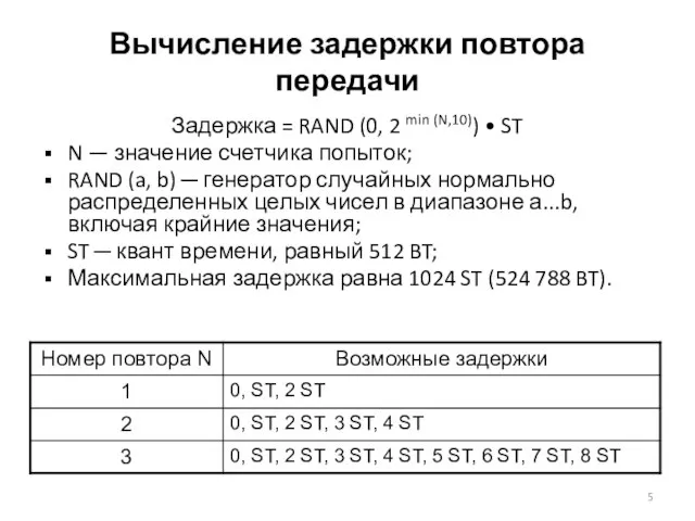 Вычисление задержки повтора передачи Задержка = RAND (0, 2 min (N,10)) •