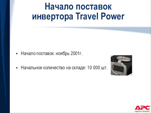 Начало поставок инвертора Travel Power Начало поставок: ноябрь 2001г. Начальное количество на складе: 10 000 шт.