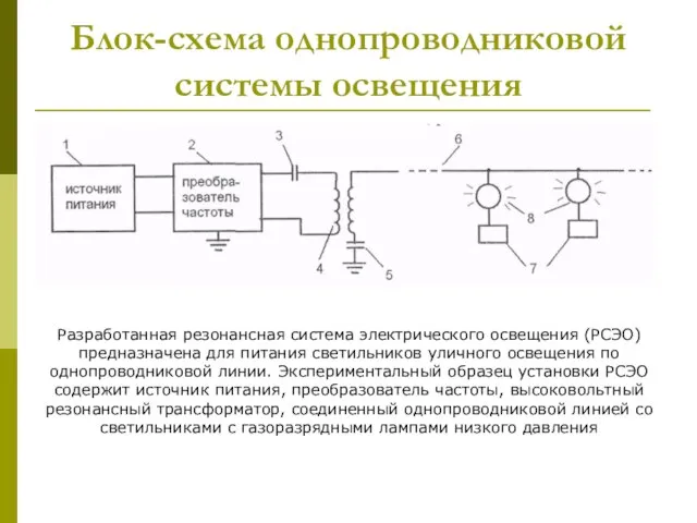 Блок-схема однопроводниковой системы освещения Разработанная резонансная система электрического освещения (РСЭО) предназначена для