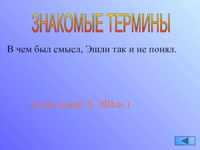 ЗНАКОМЫЕ ТЕРМИНЫ В чем был смысл, Эшли так и не понял. Слеш (смыСЛ, ЭШли )