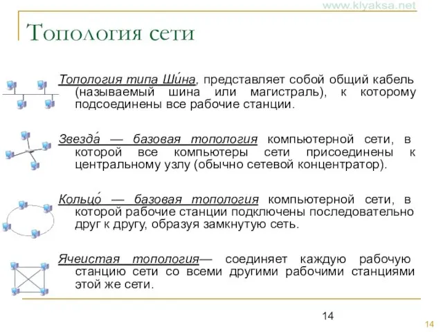 Топология сети Топология типа Ши́на, представляет собой общий кабель (называемый шина или