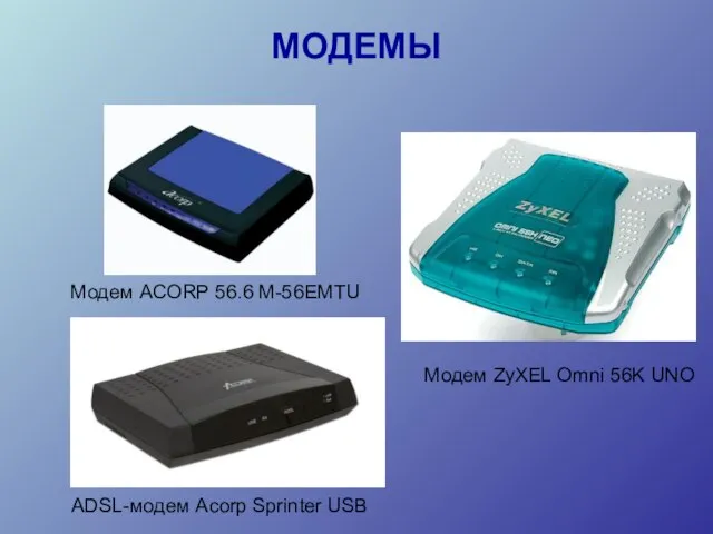 МОДЕМЫ Модем ZyXEL Omni 56K UNO Модем ACORP 56.6 M-56EMTU ADSL-модем Acorp Sprinter USB