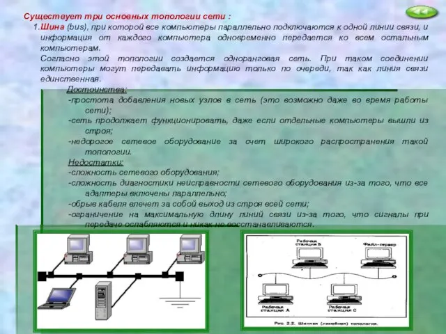 Существует три основных топологии сети : 1.Шина (bus), при которой все компьютеры