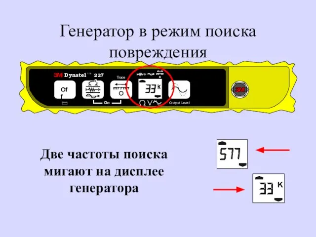 Генератор в режим поиска повреждения Две частоты поиска мигают на дисплее генератора