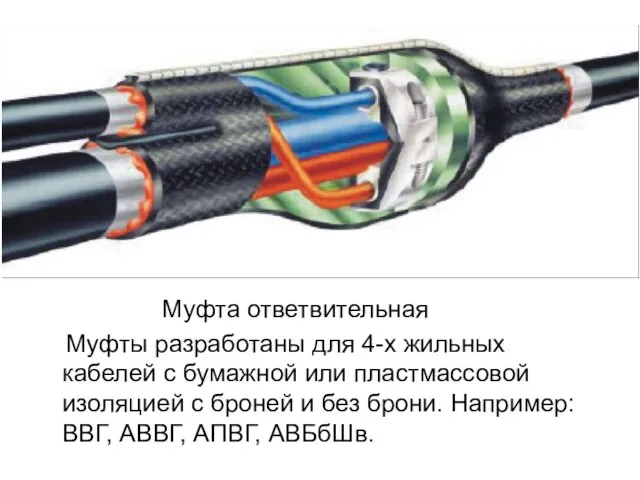 Муфта ответвительная Муфты разработаны для 4-х жильных кабелей с бумажной или пластмассовой