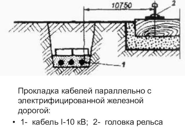 Прокладка кабелей параллельно с электрифицированной железной дорогой: 1- кабель I-10 кВ; 2- головка рельса