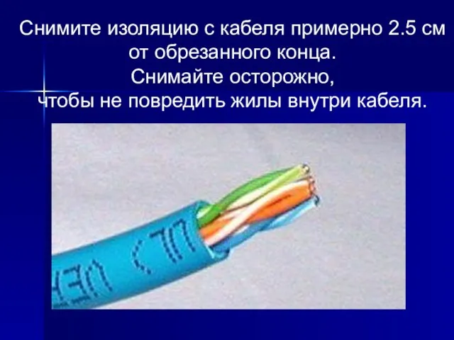 Снимите изоляцию с кабеля примерно 2.5 см от обрезанного конца. Снимайте осторожно,