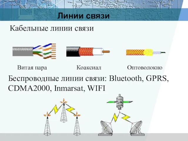 Линии связи Кабельные линии связи Беспроводные линии связи: Bluetooth, GPRS, CDMA2000, Inmarsat,