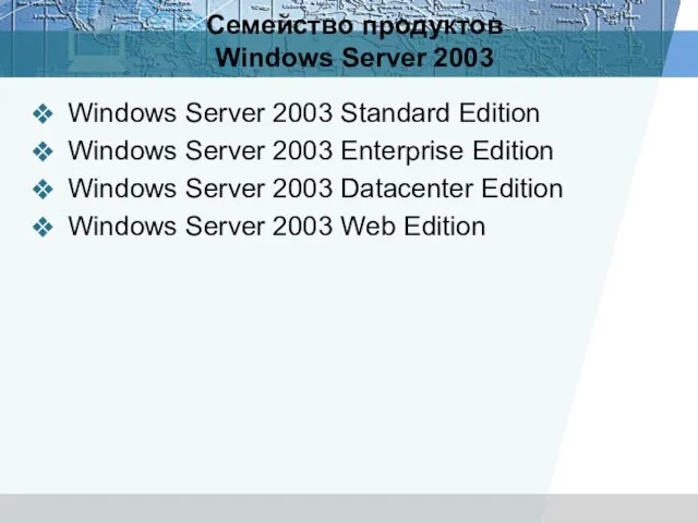 Семейство продуктов Windows Server 2003 Windows Server 2003 Standard Edition Windows Server