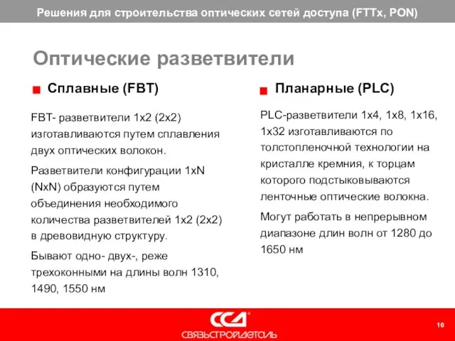 Оптические разветвители Планарные (PLC) Сплавные (FBT) FBT- разветвители 1х2 (2х2) изготавливаются путем