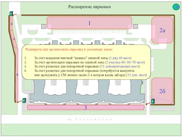 Расширение парковки 1 4 3 2б Расширить или организовать парковку в указанных