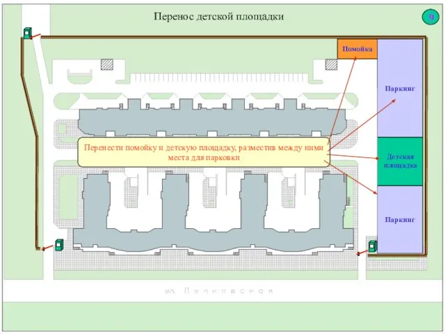 Перенос детской площадки Перенести помойку и детскую площадку, разместив между ними места