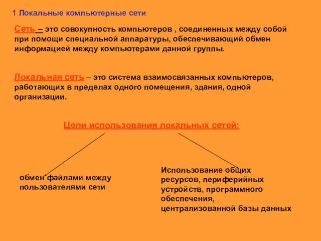 1 Локальные компьютерные сети Сеть – это совокупность компьютеров , соединенных между