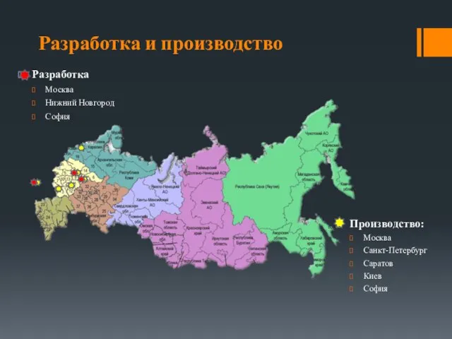 Разработка и производство Производство: Москва Санкт-Петербург Саратов Киев София Разработка Москва Нижний Новгород София