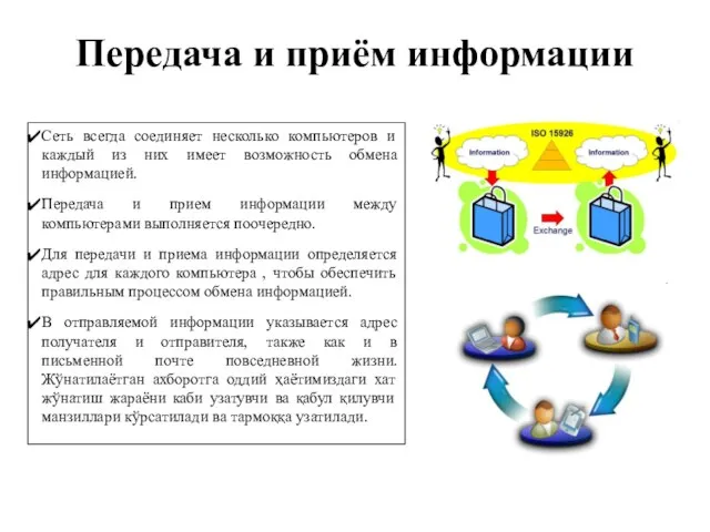 Передача и приём информации Сеть всегда соединяет несколько компьютеров и каждый из