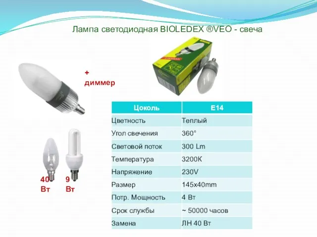 Лампа светодиодная BIOLEDEX ®VEO - свеча 40 Вт 9 Вт + диммер