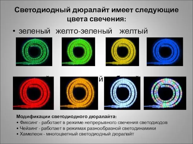 Светодиодный дюралайт имеет следующие цвета свечения: зеленый желто-зеленый желтый синий красный оранжевый