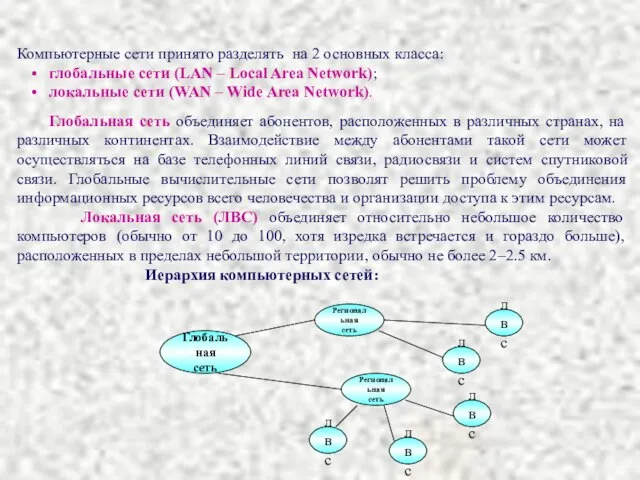 Компьютерные сети принято разделять на 2 основных класса: глобальные сети (LAN –