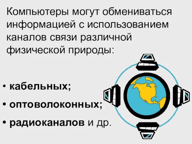 Компьютеры могут обмениваться информацией с использованием каналов связи различной физической природы: кабельных; оптоволоконных; радиоканалов и др.