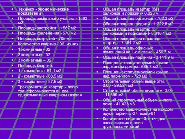 Технико - экономические показатели Площадь земельного участка - 1863 м2 Площадь застройки