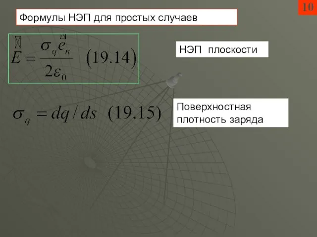 10 Формулы НЭП для простых случаев НЭП плоскости Поверхностная плотность заряда