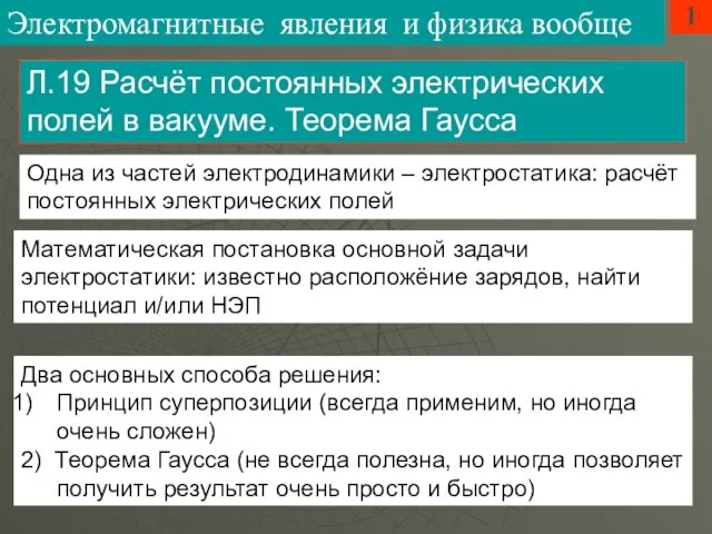 Одна из частей электродинамики – электростатика: расчёт постоянных электрических полей 1 Л.19