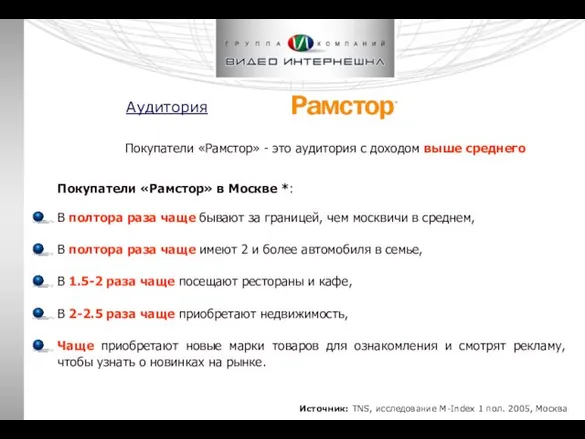 Покупатели «Рамстор» - это аудитория с доходом выше среднего Покупатели «Рамстор» в