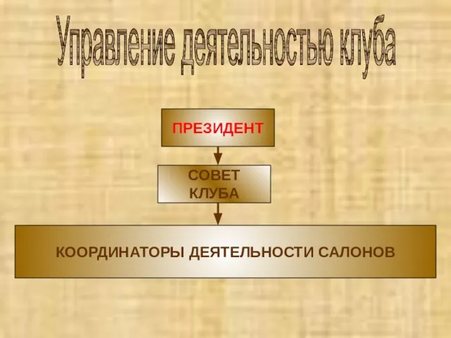 ПРЕЗИДЕНТ СОВЕТ КЛУБА КООРДИНАТОРЫ ДЕЯТЕЛЬНОСТИ САЛОНОВ Управление деятельностью клуба