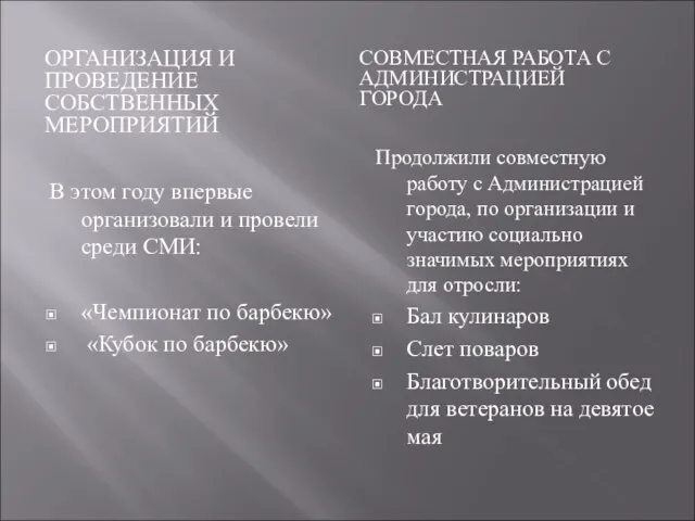 ОРГАНИЗАЦИЯ И ПРОВЕДЕНИЕ СОБСТВЕННЫХ МЕРОПРИЯТИЙ СОВМЕСТНАЯ РАБОТА С АДМИНИСТРАЦИЕЙ ГОРОДА В этом