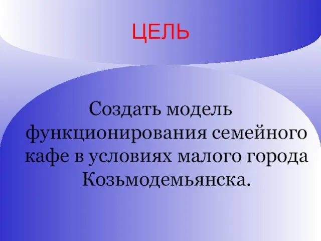 ЦЕЛЬ Создать модель функционирования семейного кафе в условиях малого города Козьмодемьянска.