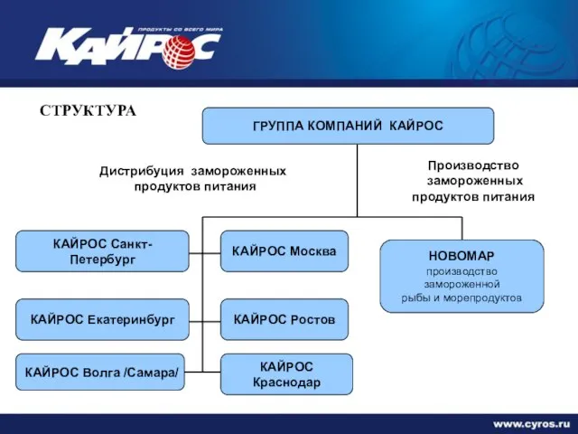 СТРУКТУРА Дистрибуция замороженных продуктов питания Производство замороженных продуктов питания ГРУППА КОМПАНИЙ КАЙРОС