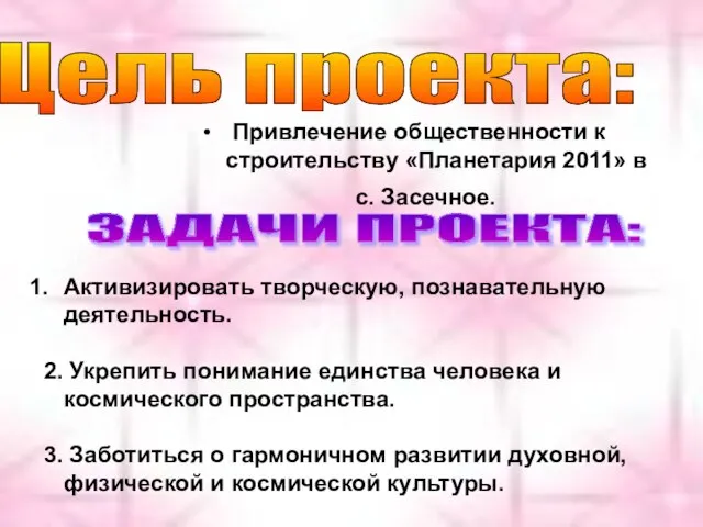 Цель проекта: Привлечение общественности к строительству «Планетария 2011» в с. Засечное. ЗАДАЧИ