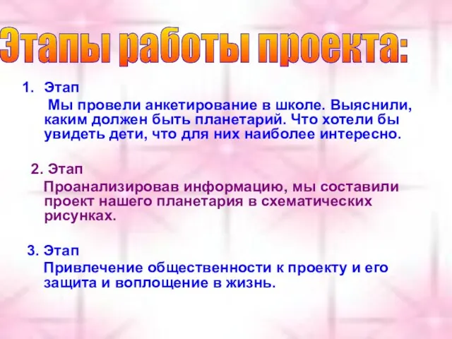 Этап Мы провели анкетирование в школе. Выяснили, каким должен быть планетарий. Что