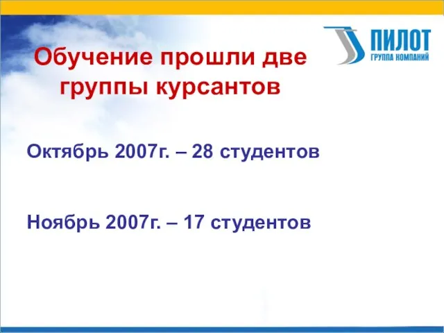 Обучение прошли две группы курсантов Октябрь 2007г. – 28 студентов Ноябрь 2007г. – 17 студентов