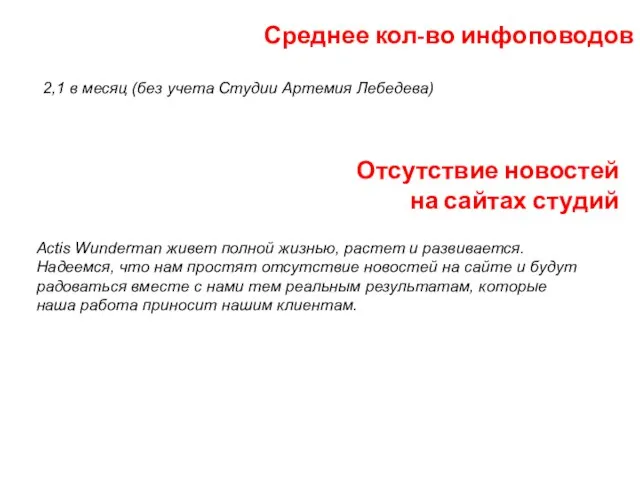 Среднее кол-во инфоповодов 2,1 в месяц (без учета Студии Артемия Лебедева) Отсутствие