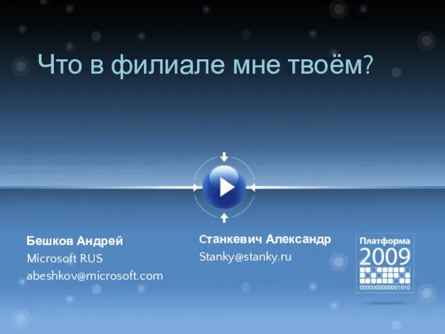 Что в филиале мне твоём? Бешков Андрей Microsoft RUS abeshkov@microsoft.com Cтанкевич Александр Stanky@stanky.ru