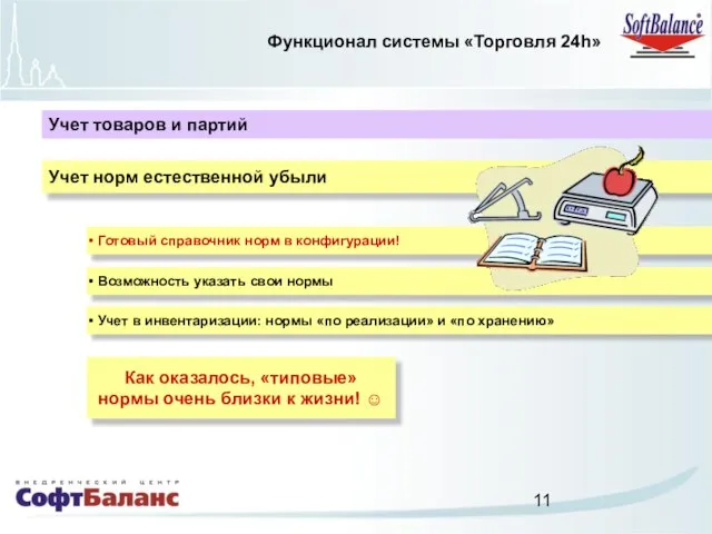 Функционал системы «Торговля 24h» Учет товаров и партий Учет норм естественной убыли