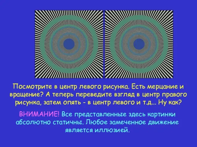 Посмотрите в центр левого рисунка. Есть мерцание и вращение? А теперь переведите