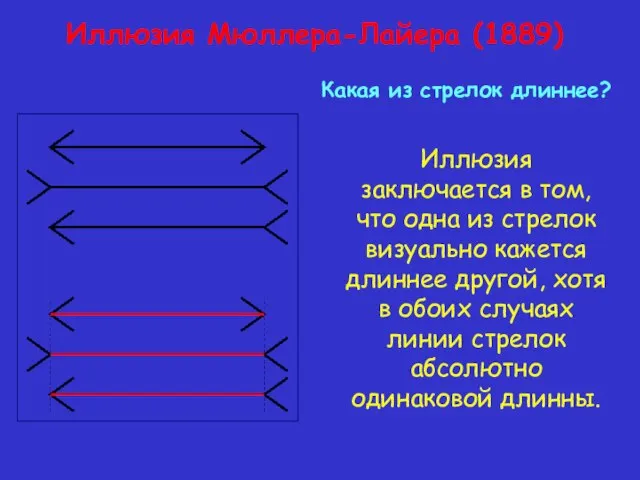 Иллюзия Мюллера-Лайера (1889) Иллюзия заключается в том, что одна из стрелок визуально