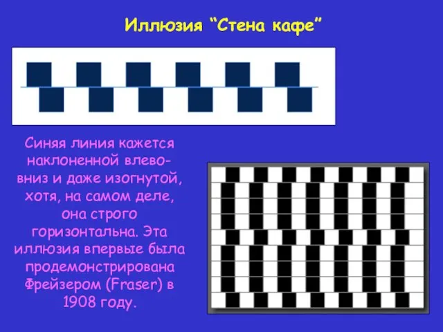 Синяя линия кажется наклоненной влево-вниз и даже изогнутой,хотя, на самом деле, она