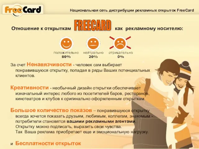 FREECARD Отношение к открыткам как рекламному носителю: Национальная сеть дистрибуции рекламных открыток