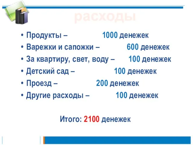 Продукты – 1000 денежек Варежки и сапожки – 600 денежек За квартиру,