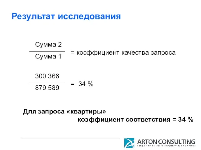 Результат исследования Сумма 2 Сумма 1 = коэффициент качества запроса 300 366