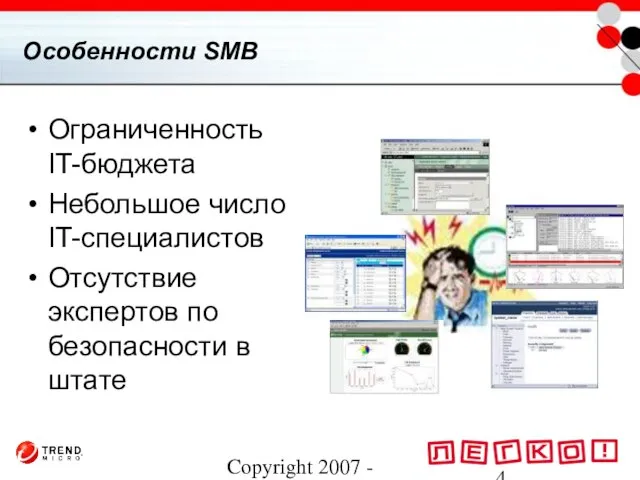 Copyright 2007 - Trend Micro Inc. Особенности SMB Ограниченность IT-бюджета Небольшое число