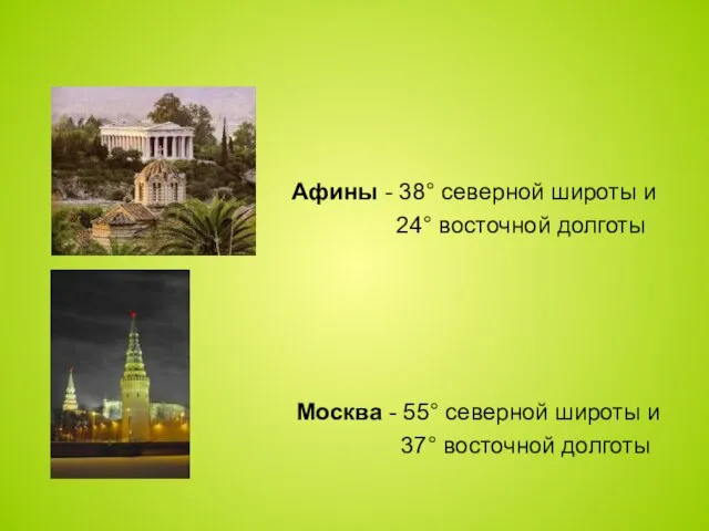 Афины - 38° северной широты и 24° восточной долготы Москва - 55°