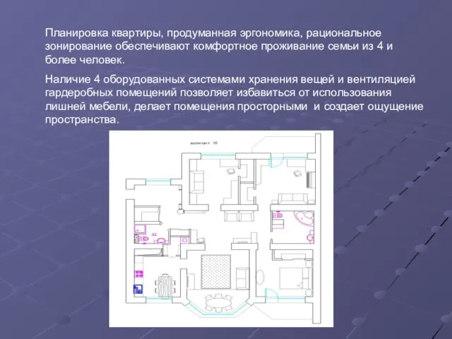 Планировка квартиры, продуманная эргономика, рациональное зонирование обеспечивают комфортное проживание семьи из 4